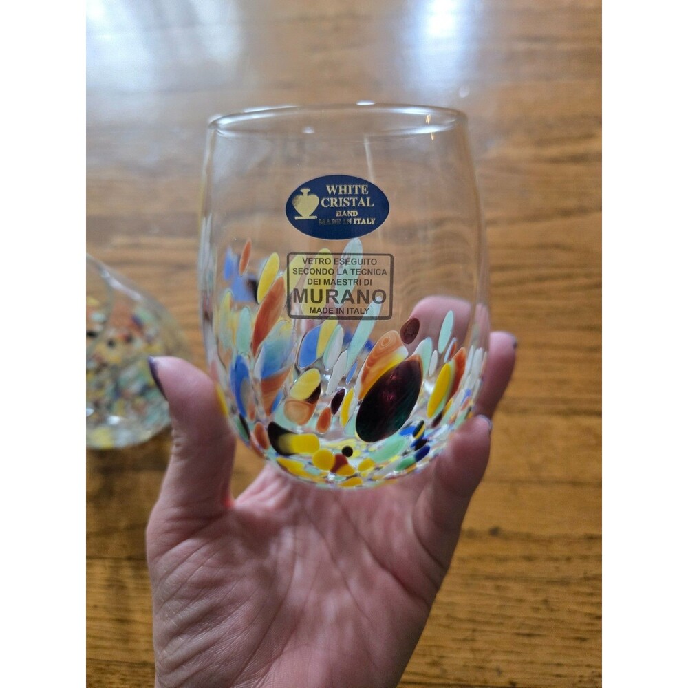 Murano Set of 2 Crystal Confetti Stemless Glasses Hand Blown Italy New - Picture 6 of 7